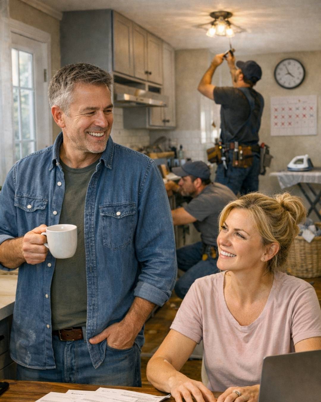 Relaxed homeowners smiling in their kitchen while professional technicians handle home repairs in the background
