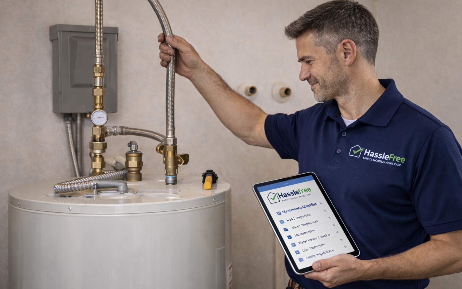 A HassleFree technician performing a proactive home maintenance inspection using a digital checklist